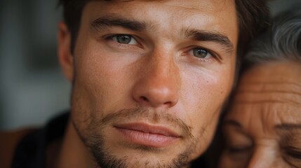Close up portrait capturing the serious thoughtful expression on a man s face with an elder s presence hinting at connection