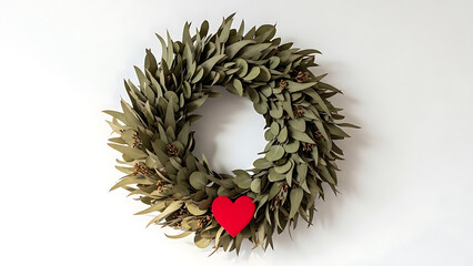 A christmas wreath with a red heart decoration on a white background