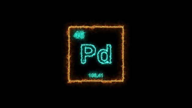 Palladium - periodic table element symbol hologram, chemical element Periodic Table, atomic weight element number ,glowing on black background in 4K.
