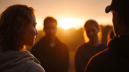 A diverse group of people in silhouette listen attentively during a sunset meeting or discussion