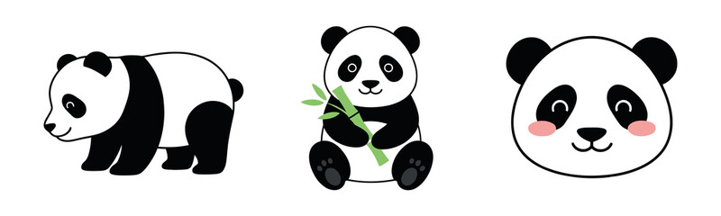 Collection of three cute panda illustrations featuring a walking pose, a sitting panda eating bamboo, and a smiling panda face with rosy cheeks.