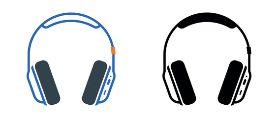 Modern wireless headset icons shown in a blue outline version and a solid black silhouette version, featuring clean lines and side buttons.