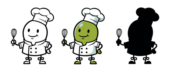 Cartoon green olive characters dressed as chefs wearing white hats and holding whisks, shown in outline, color, and silhouette styles.