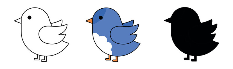 Trio of cute, chubby bird characters presented in outline, flat blue, and solid black silhouette styles.
