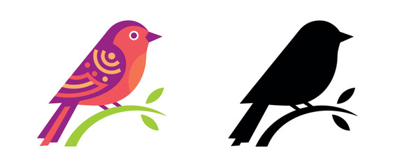 Folk-art inspired bird with vibrant patterns perched on a branch, paired with its high-contrast black silhouette.