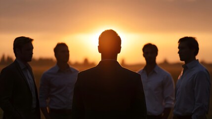 A group of men in silhouette stand facing the sunset suggesting a business meeting or discussion at dawn
