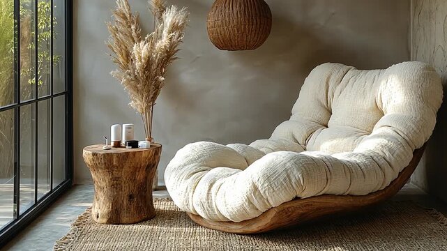 A cozy minimalist room with a comfortable chair, pampas grass, and a wooden table.