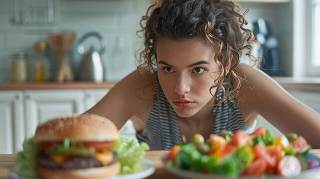 A young person sits at a wooden table looking intently at a burger and a plate of salad. The kitchen is in the background with various items visible