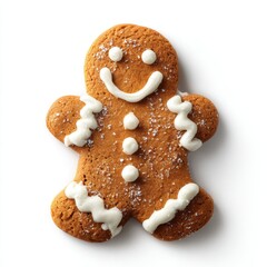 Smiling gingerbread cookie decorated with sugar and icing on a white background
