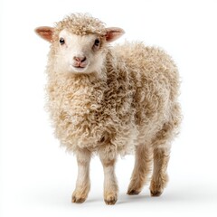Cute fluffy lamb with curly wool standing on a white background