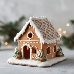 Festive gingerbread house with icing and holiday decorations