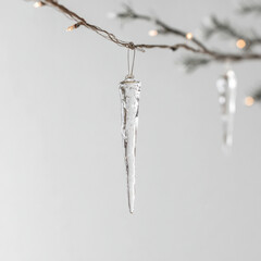 Elegant glass icicle ornament hanging on decorated branch with twinkling lights