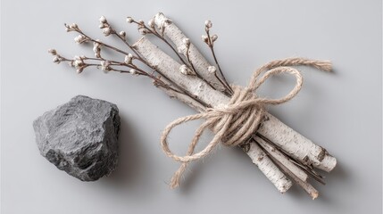 Birch logs and stone arrangement with twine on gray background, Krampusnacht