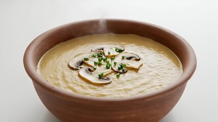 Creamy mushroom soup served in a rustic bowl