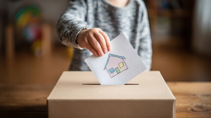Child placing drawing of house in box &ndash; symbolic gesture of home and community. Universal Children's Day