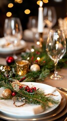 Elegant christmas table setting with festive decor and candlelight atmosphere