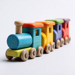 Colorful wooden toy train on white background for children&rsquo;s play