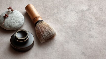 Shaving brush with cream and stone on soft surface