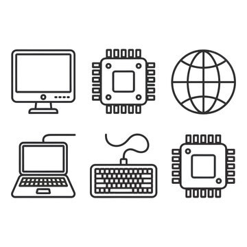 Linear technology icon collection featuring display screens microprocessors world wide web symbols portable laptops and peripheral input equipment