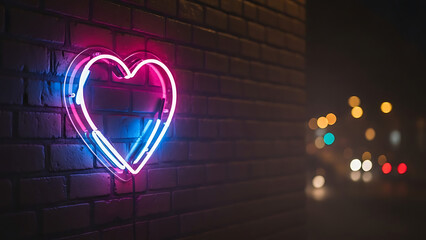 Neon heart sign on a brick wall with colorful lights
