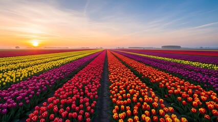 Vibrant tulip fields at sunset