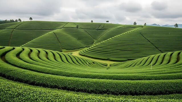 Lush green tea fields under cloudy sky