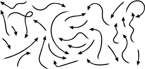 Arrow vector line icon set. Hand drawn brush sketch arrow line curve up, down shape chalk texture element set. Abstract grunge scribble chalk crayon style. Vector illustration