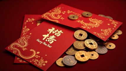 Traditional chinese envelopes with golden dragon patterns and chinese calligraphy, scattered coins - Chinese New Year greeting, Lunar celebration, luck, prosperity, wealth blessings, money, gift