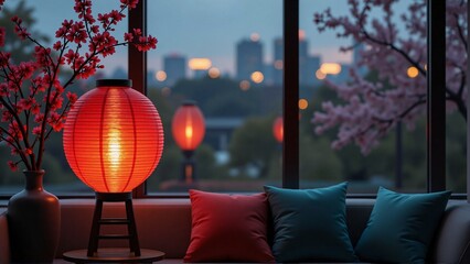 Modern living room interior design : glowing chinese lantern, cozy sofa, window, urban city skyline, cherry blossom branches, indoors - Chinese New Year decoration, Lunar celebration, Asian home decor