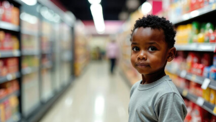 Young African-American boy standing in a supermarket aisle with products and promotional displays in the background. Portrait for diverse retail advertising and inclusive shopping campaigns