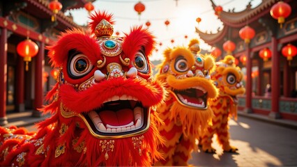 Portrait of three traditional chinese lion dance costumes performance, chinese pagoda temple, red chinese lantern - Chinese New Year 2026 celebration, Lunar, Beijing travel, tourism, luck, prosperity