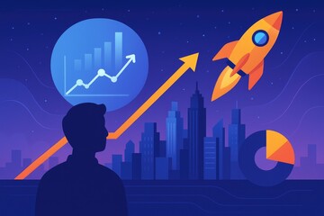 Startup growth concept: rocket launch over city skyline with financial charts and graphs rocket.