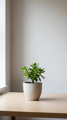 Fototapeta premium A small potted plant on a wooden table near a window with natural light