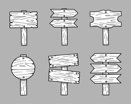 Hand Drawn Wooden Directional Signposts Set Collection