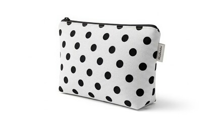 White polka dot cosmetic bag with black dots and zipper isolated