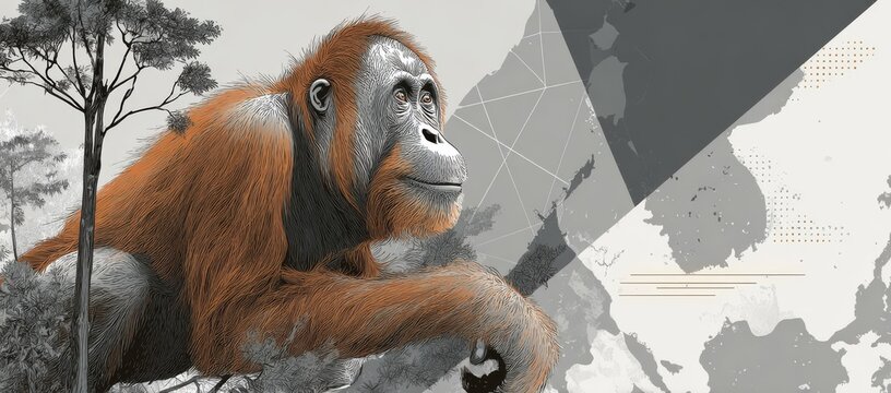 Image of an orangutan with a map of Indonesia and Malaysia, using technology