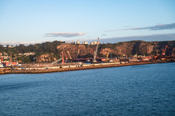Harbor View with Industrial Cranes in Seaport of Gijon, Spain