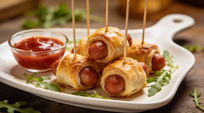 Pigs in Blankets Appetizers on Toothpicks with Ketchup