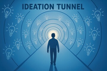 Man walking into an ideation tunnel filled with light bulbs, idea generation, innovation, business.