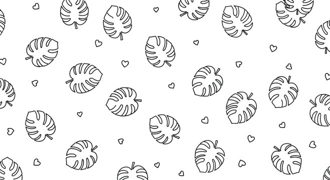 Playful seamless pattern with black and white line art monstera leaves and tiny hearts scattered across a white background.