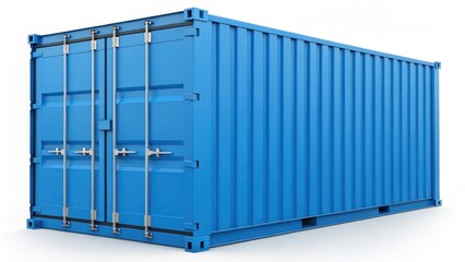 Bright blue cargo container with metal locks and reinforced doors. Ideal for storage and international transportation. Symbol of reliability and industrial power.