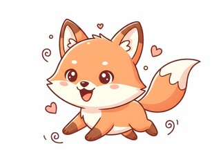 Adorable Baby Fox Running Happily with Hearts Decorative Elements Illustration