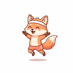 Energetic Cartoon Fox Character Exercising and Jumping Wearing Headband and Shorts