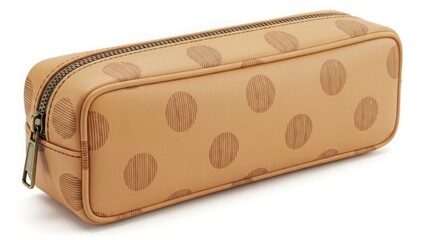 Brown polka dot cosmetic bag with neutral fabric pattern isolated