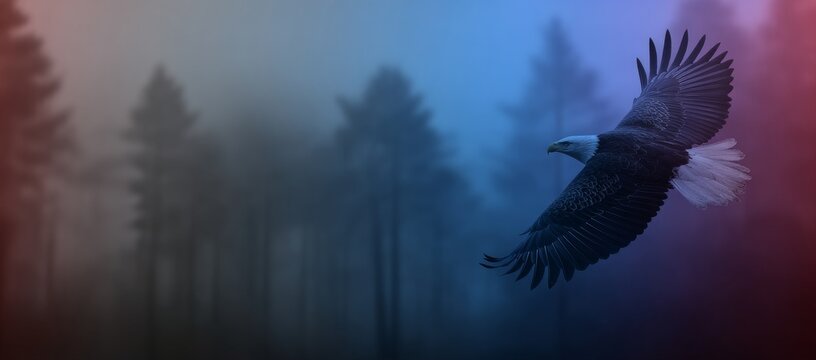 Image technology depicts an eagle soaring against a blue‑red‑white copy space backdrop