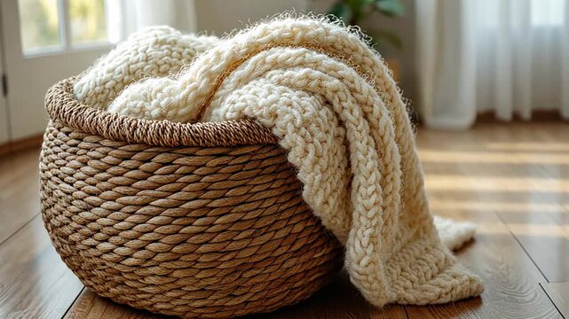 A chunky, cozy blanket in a wicker basket, perfect for a warm, inviting home.