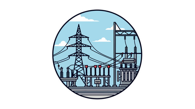 Electrical Power Station and Transmission Lines Illustration.