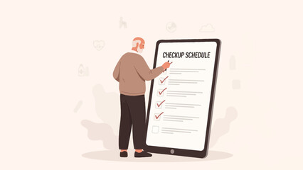 Elderly man with smartphone checking health appointment schedule, medical icons background