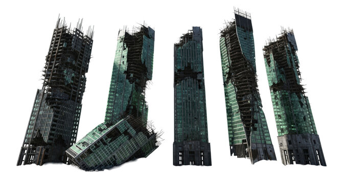 five severely ruined high-rise structures with exposed rusted rebar and emerald glass debris, against a transparent background, harsh cinematic lighting (worm's-eye view). concept of extreme