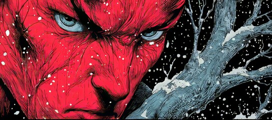 In the dark winter forest at night, a monster with red eyes appears. Allocated copy space for ads. Image technology